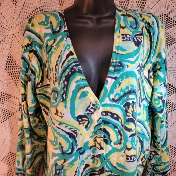 Merona size XL button up sweater.  Green, yellow, black and white - Picture 3 of 10